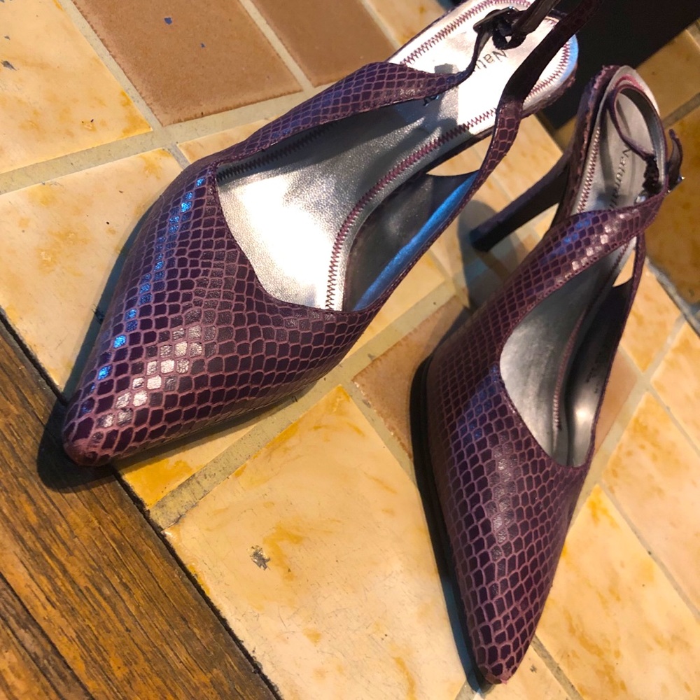 Purple Faux Snake Skin Kitten Slingback Heels